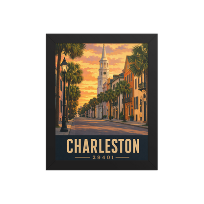 Framed Charleston church steeple sunset poster with 29401 zip code