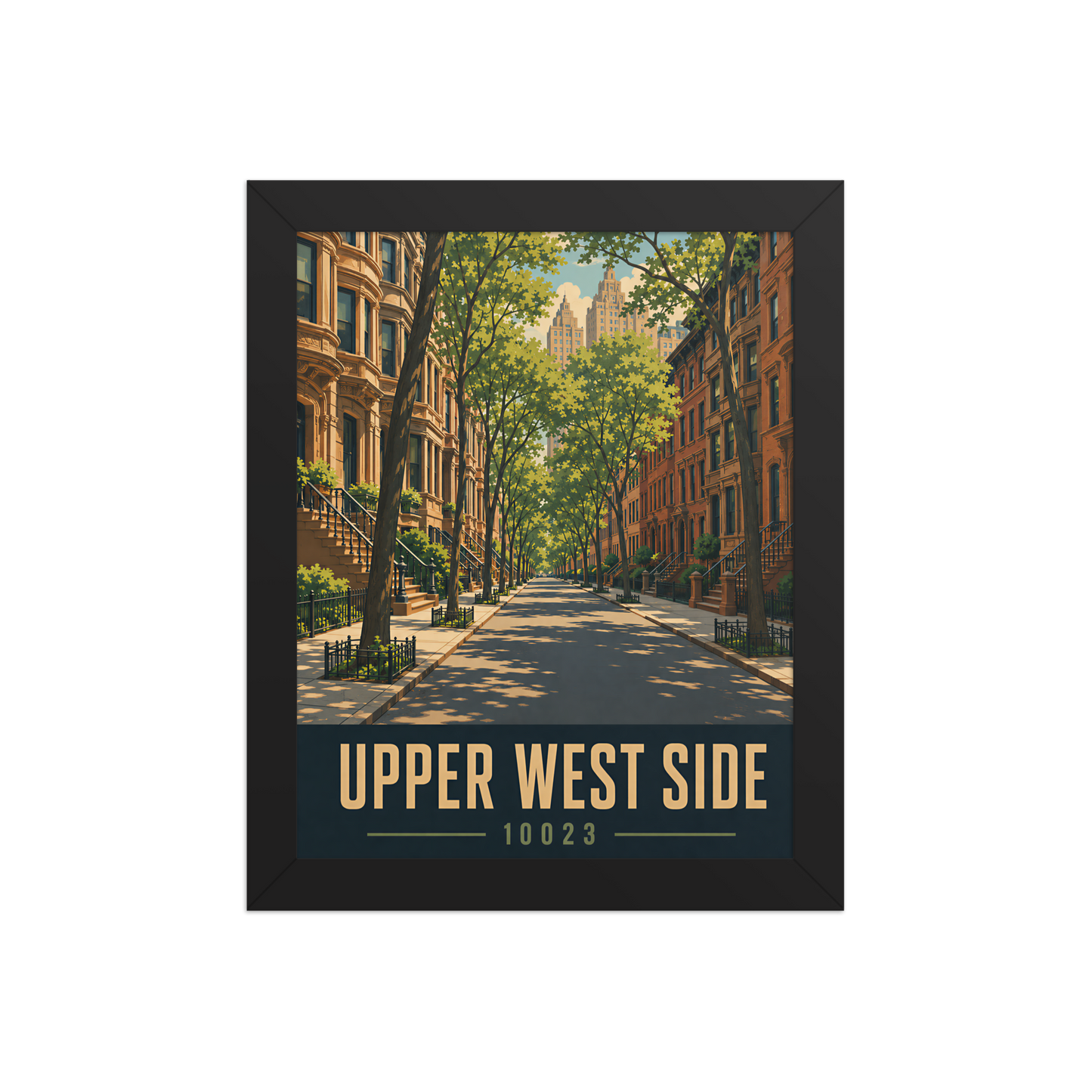 Framed Upper West Side brownstone street poster with 10023 zip code