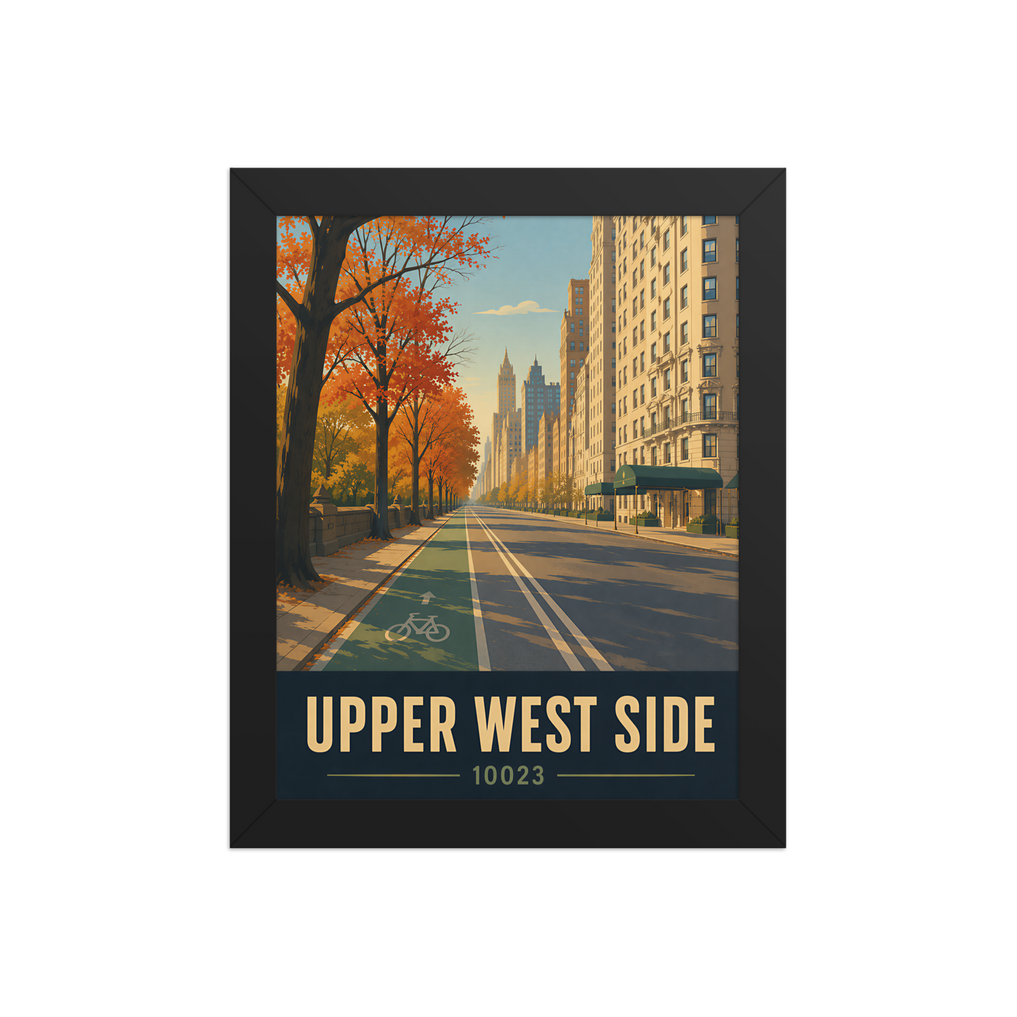 Framed Central Park West autumn poster with 10023 zip code