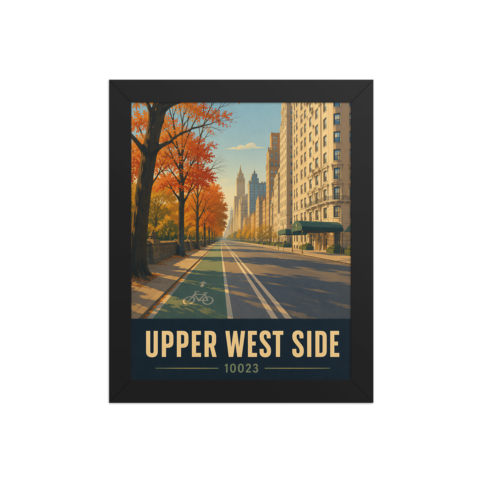 Framed Central Park West autumn poster with 10023 zip code