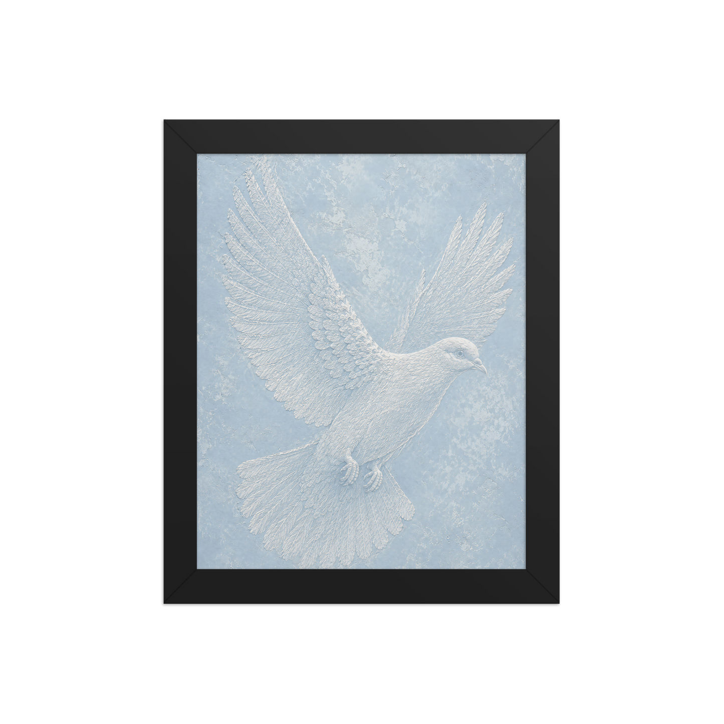 Framed peace dove print with embossed relief-look design on dusty blue textured background