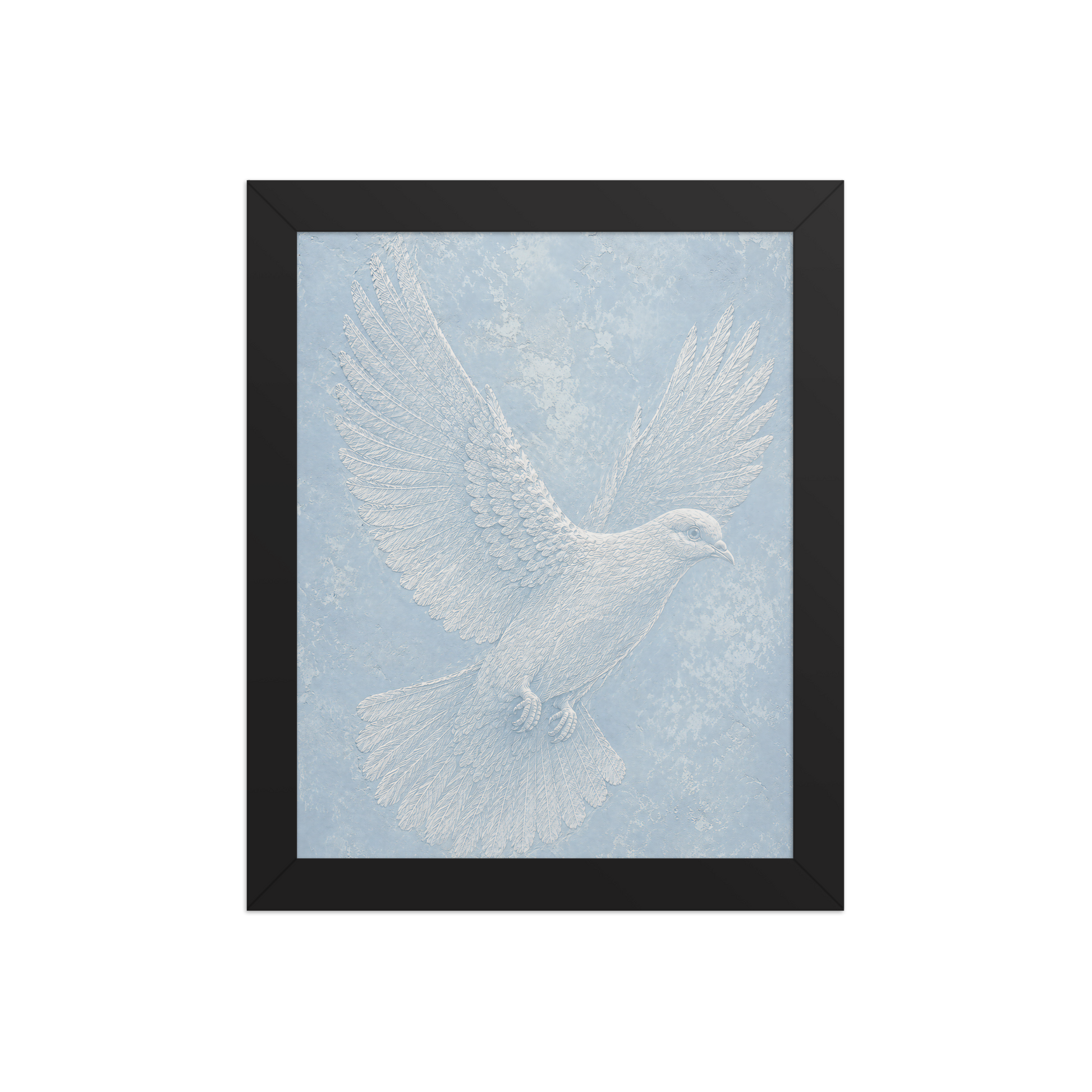 Framed peace dove print with embossed relief-look design on dusty blue textured background