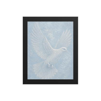 Framed peace dove print with embossed relief-look design on dusty blue textured background
