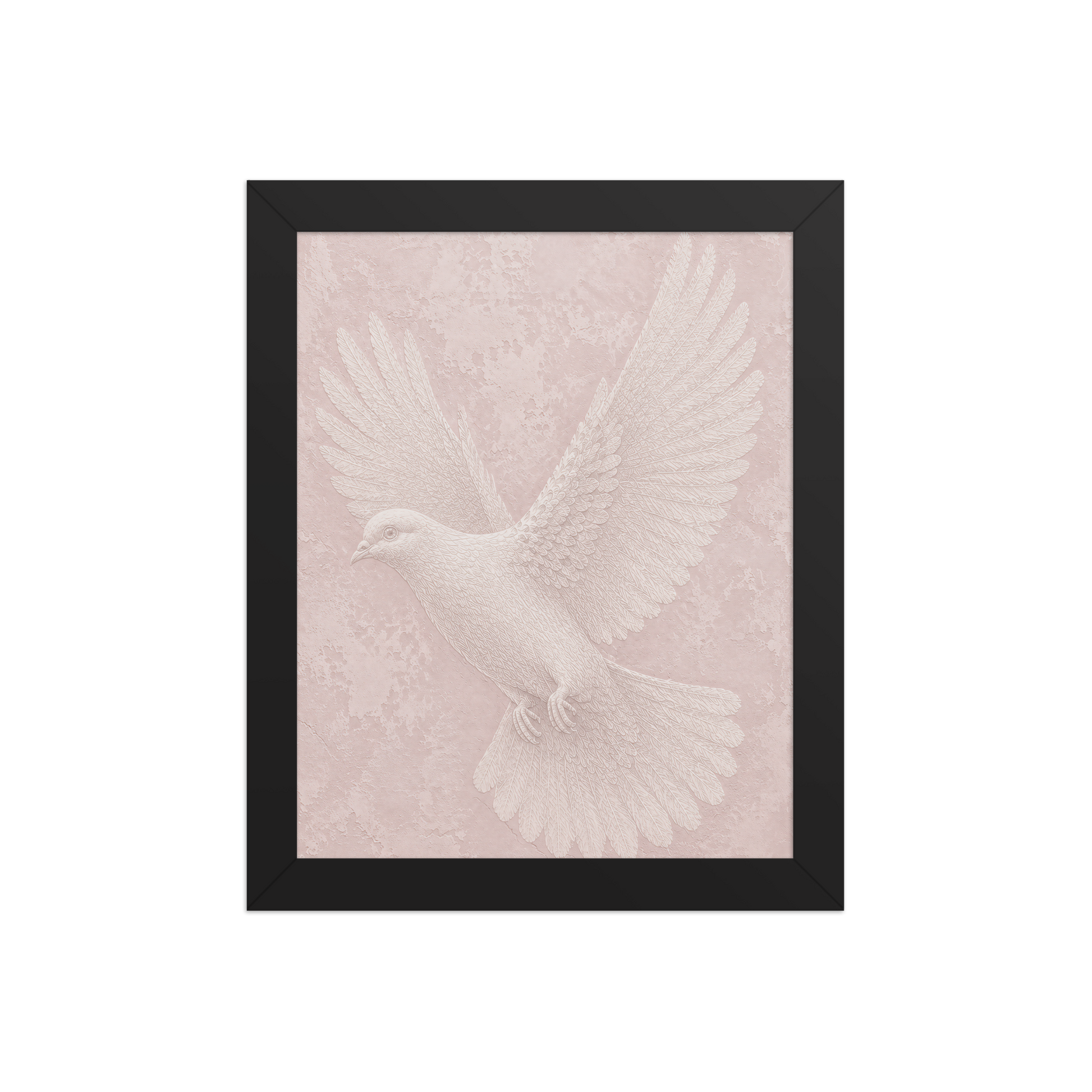Framed peace dove print with embossed relief-look design on blush pink textured background