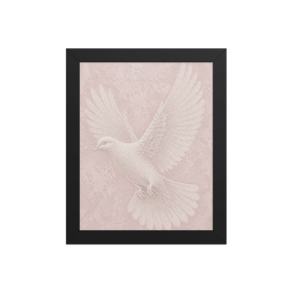 Framed peace dove print with embossed relief-look design on blush pink textured background