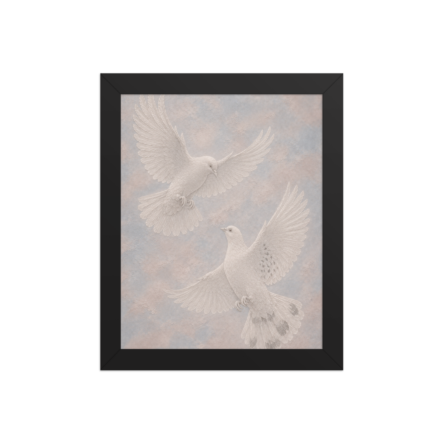 Framed two peace doves print with embossed relief-look design on dusty blue and blush textured background