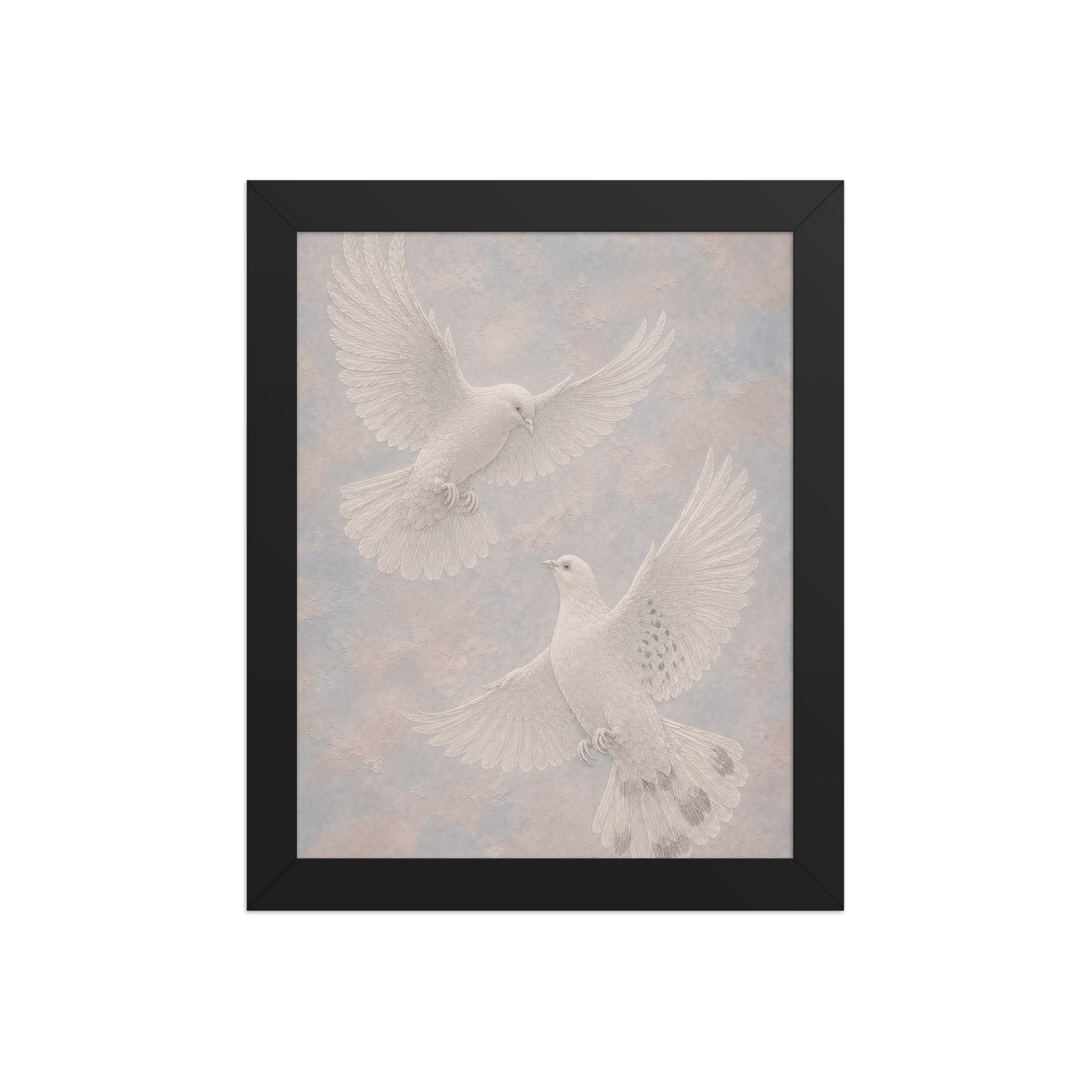 Framed two peace doves print with embossed relief-look design on dusty blue and blush textured background