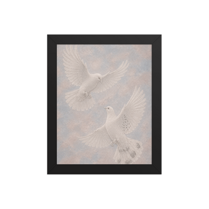 Framed two peace doves print with embossed relief-look design on dusty blue and blush textured background