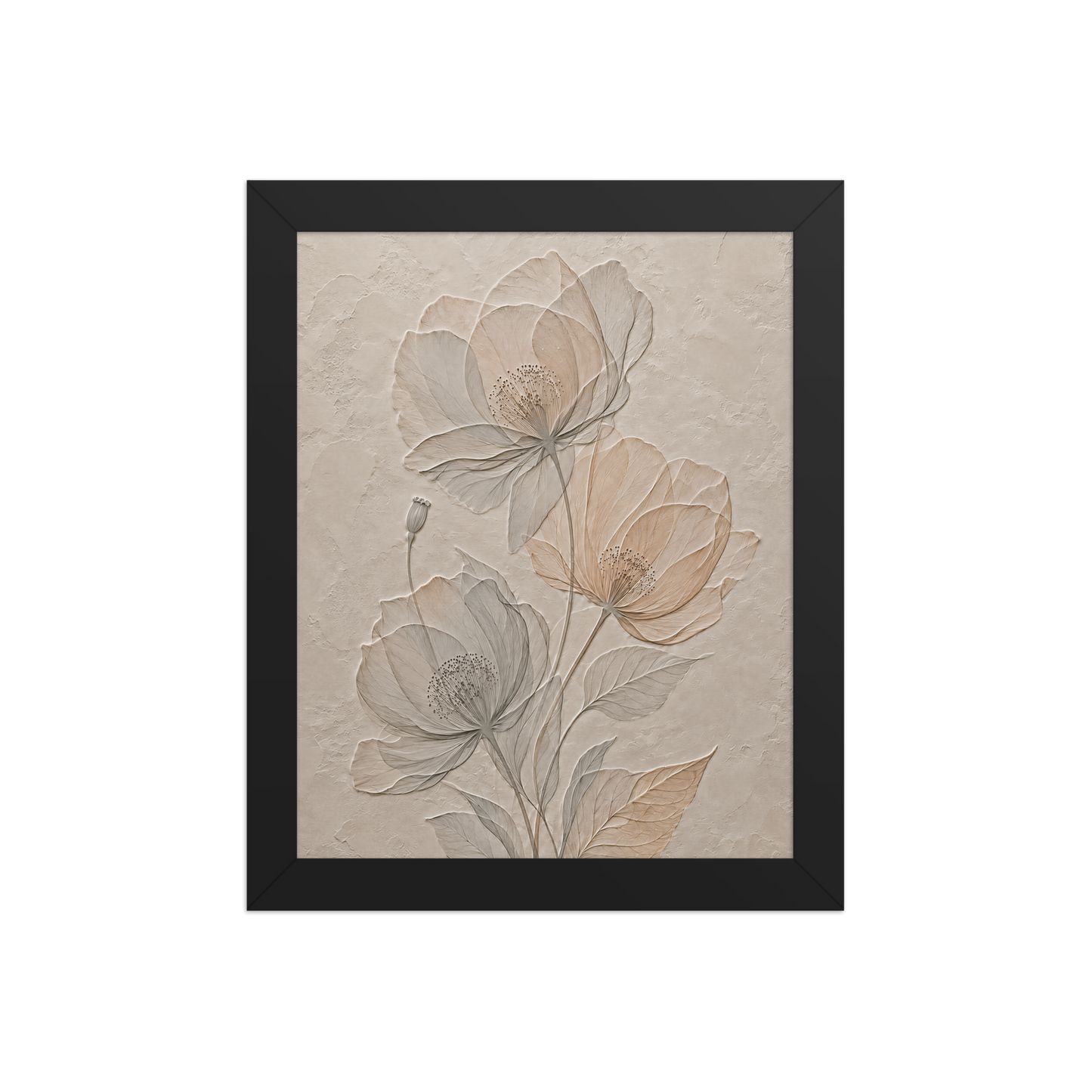 Framed wildflower bouquet print with embossed relief-look design on neutral beige textured background