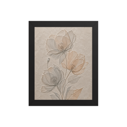 Framed wildflower bouquet print with embossed relief-look design on neutral beige textured background