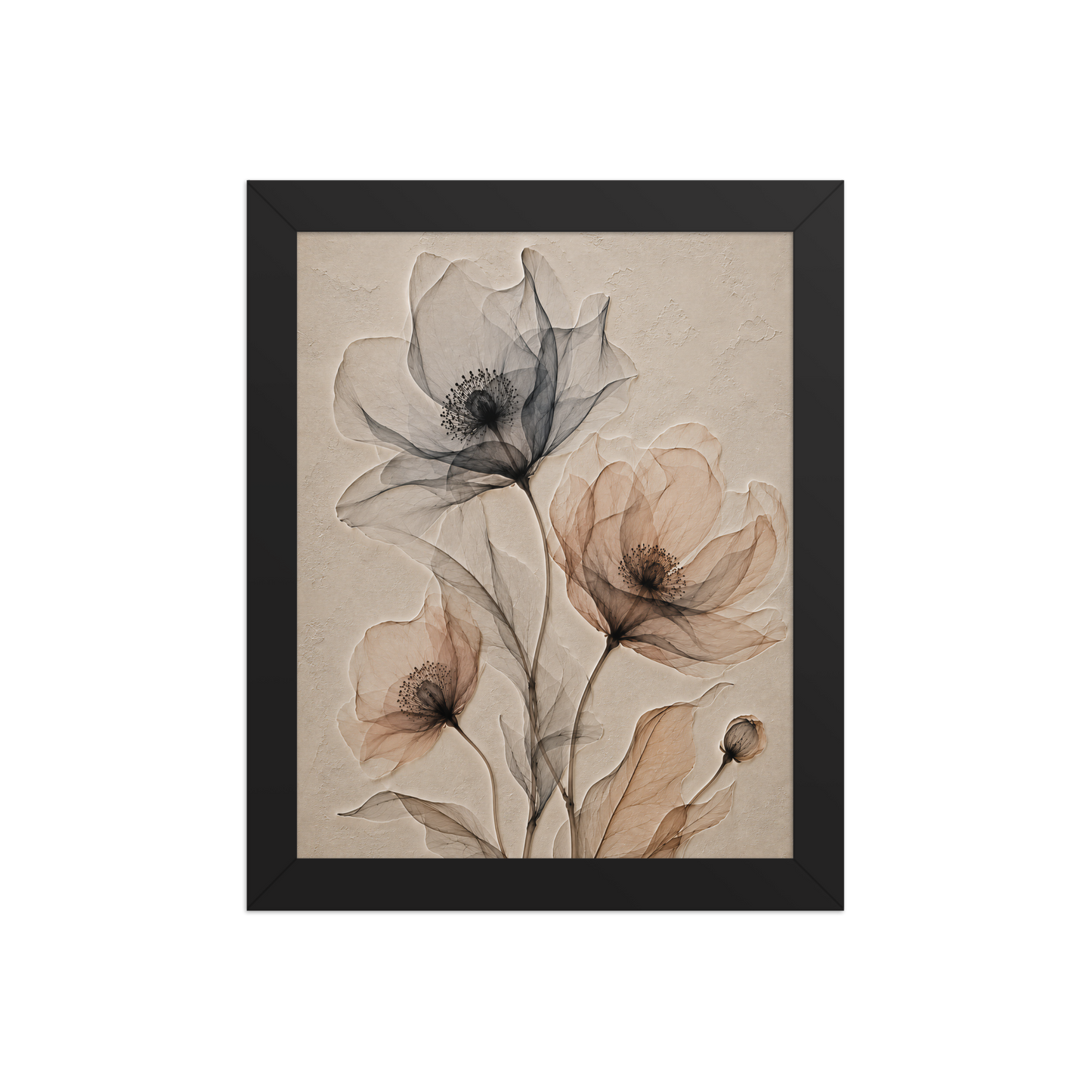 Framed wildflower trio print with embossed relief-look design in charcoal and clay tones on beige textured background