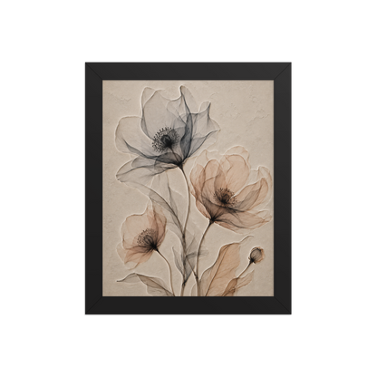 Framed wildflower trio print with embossed relief-look design in charcoal and clay tones on beige textured background