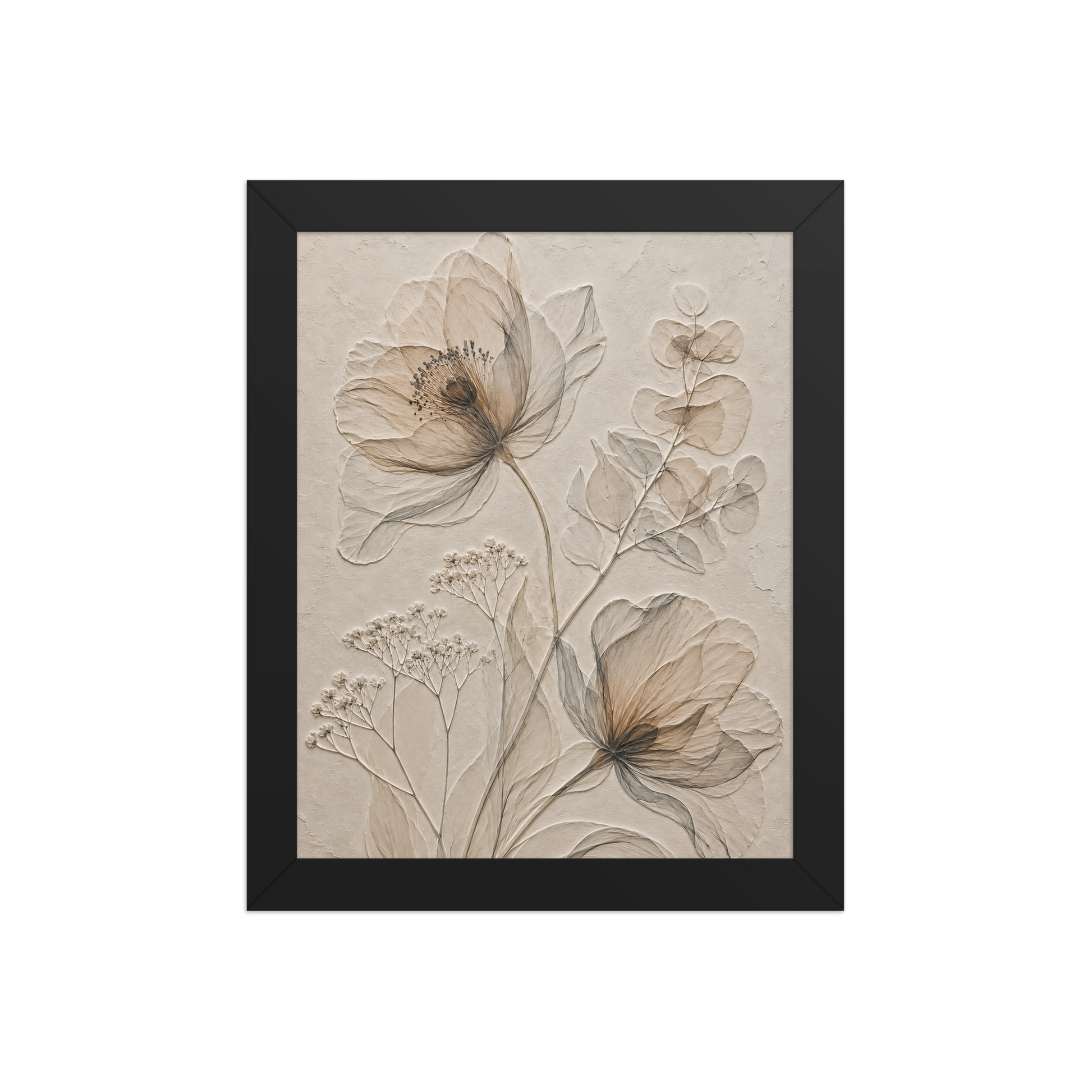 Framed botanical study print with embossed relief-look design in warm sepia tones on beige textured background