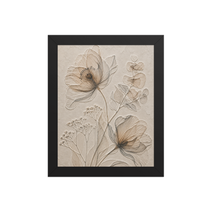Framed botanical study print with embossed relief-look design in warm sepia tones on beige textured background