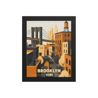 Framed Brooklyn fire escape retro travel poster, 11201 zip code wall art