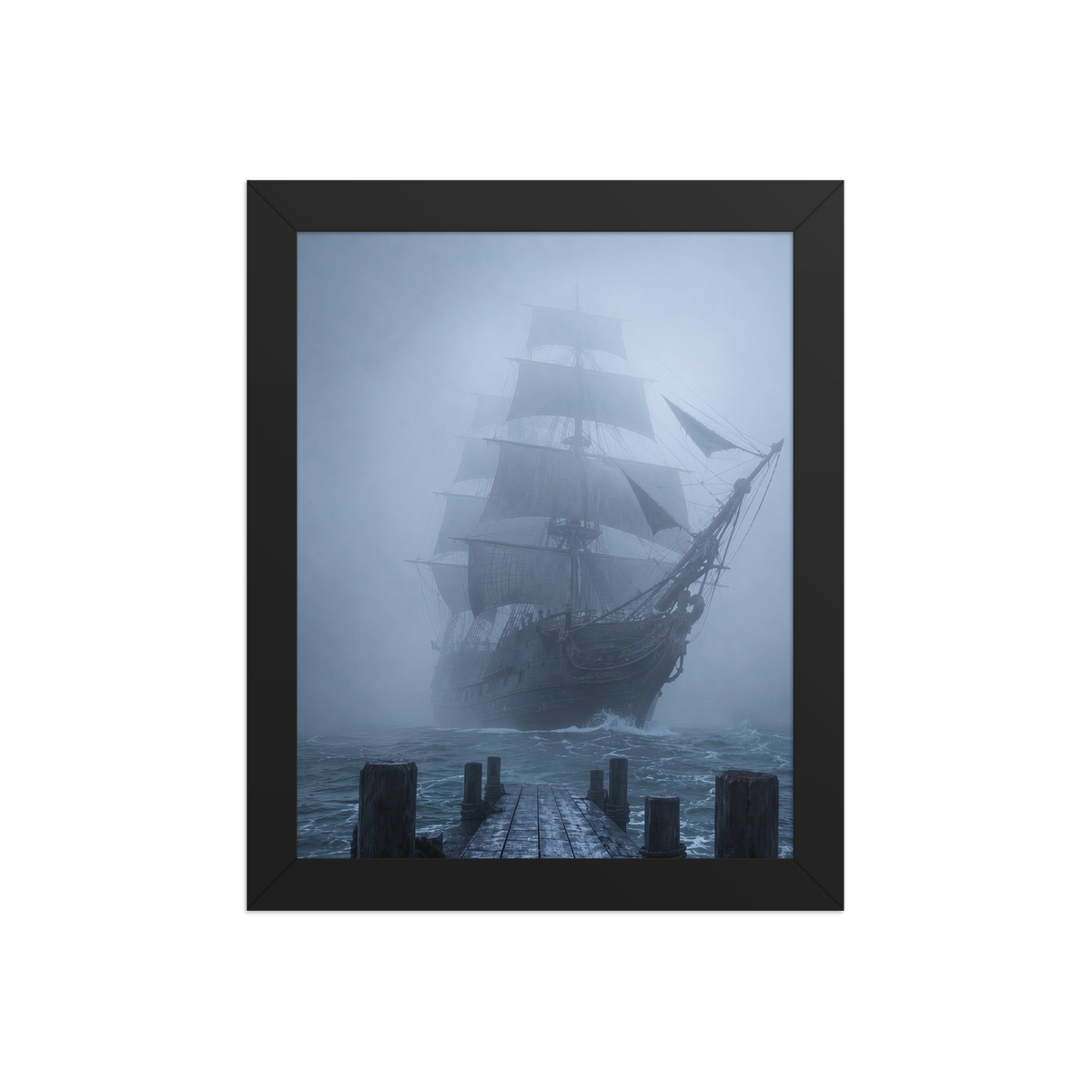 Ghost ship emerging from fog at dawn, dark moody framed wall art print ready to hang, JMTR Jeometry Store