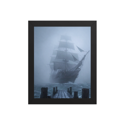 Ghost ship emerging from fog at dawn, dark moody framed wall art print ready to hang, JMTR Jeometry Store