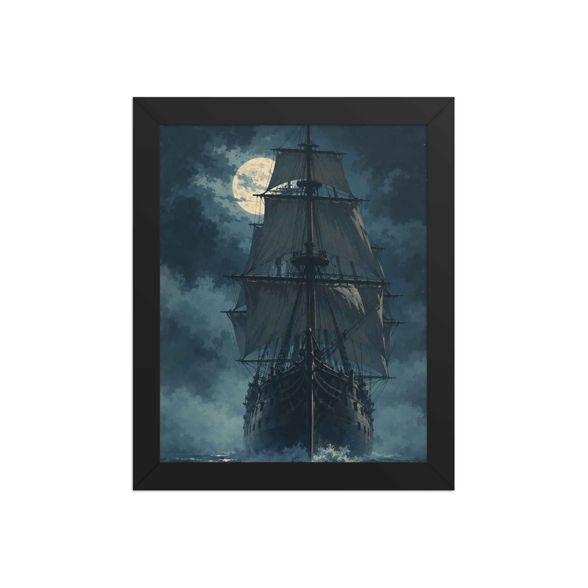 Tall ship sailing under full moon at night, vintage atmospheric nautical framed wall art print ready to hang, JMTR Jeometry Store