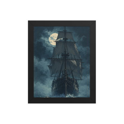 Tall ship sailing under full moon at night, vintage atmospheric nautical framed wall art print ready to hang, JMTR Jeometry Store