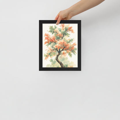 Watercolor painting of a blossoming tree with coral and sage green leaves, twisting trunk in a quiet meadow, framed wall art print ready to hang, JMTR Jeometry Store