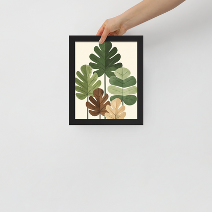 Illustrated fig leaves in shades of green, brown and gold with textured paper-like finish, framed wall art print ready to hang, JMTR Jeometry Store
