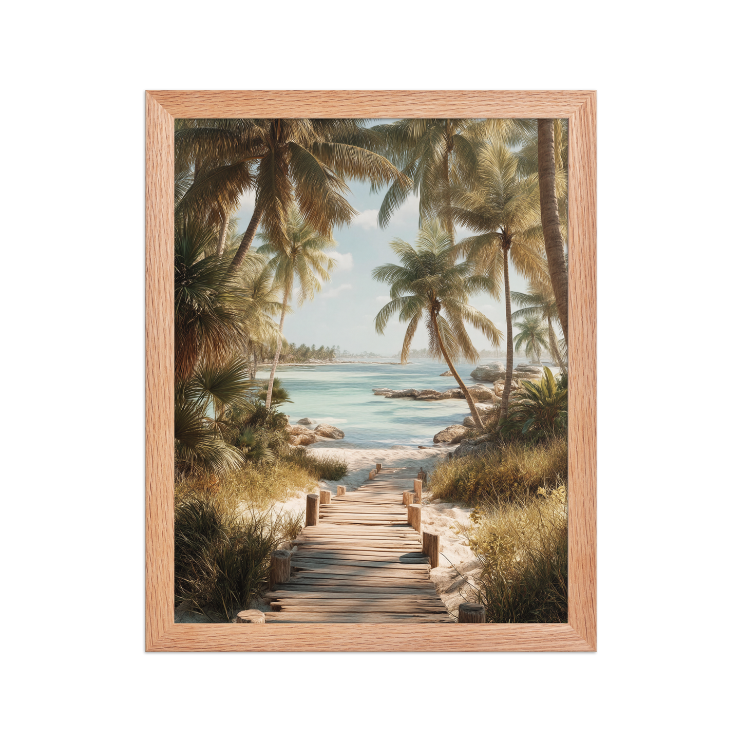 Wooden boardwalk path through tropical palm trees 
leading to calm turquoise beach, framed wall art print, 
black frame, JMTR Jeometry Store