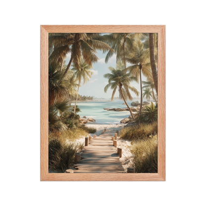 Wooden boardwalk path through tropical palm trees 
leading to calm turquoise beach, framed wall art print, 
black frame, JMTR Jeometry Store