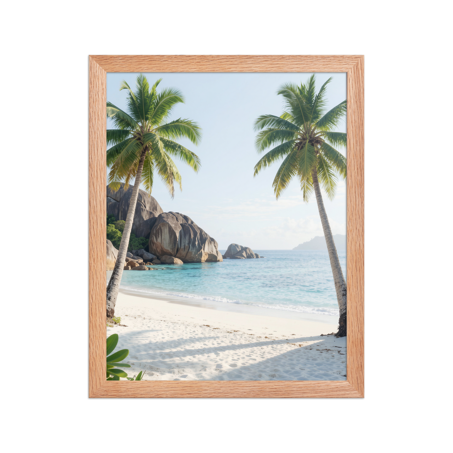Framed tropical beach print with turquoise ocean, white sand and palm trees, ready to hang coastal wall art, JMTR Jeometry Store