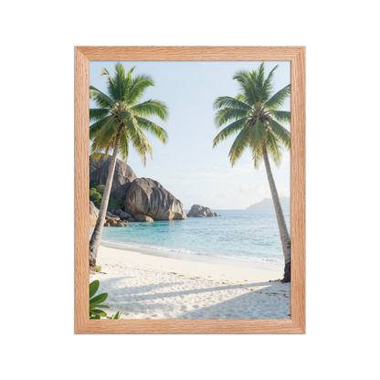 Framed tropical beach print with turquoise ocean, white sand and palm trees, ready to hang coastal wall art, JMTR Jeometry Store