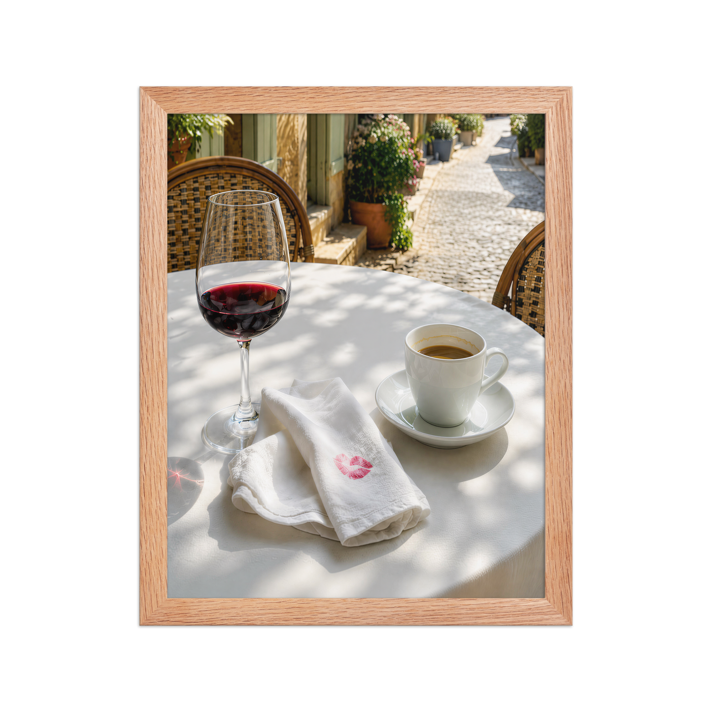 Framed sunlit café terrace print with red wine and espresso, ready to hang wall art, JMTR Jeometry Store
