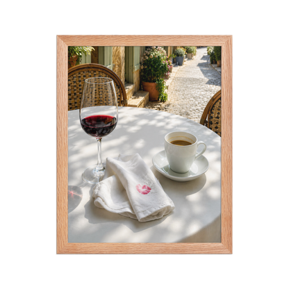 Framed sunlit café terrace print with red wine and espresso, ready to hang wall art, JMTR Jeometry Store