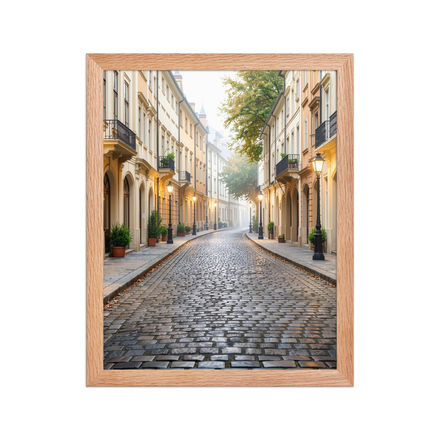 Framed European cobblestone street wall art, calm aesthetic old town morning fog poster, black frame, JMTR Jeometry Store