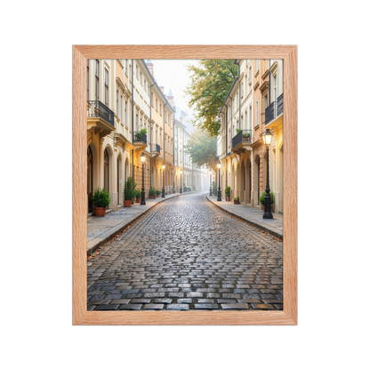 Framed European cobblestone street wall art, calm aesthetic old town morning fog poster, black frame, JMTR Jeometry Store