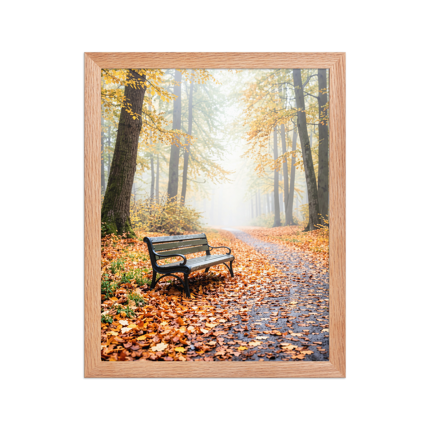 Framed autumn park bench wall art, foggy forest path fall leaves calm aesthetic poster, black frame, JMTR Jeometry Store