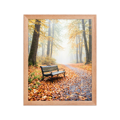 Framed autumn park bench wall art, foggy forest path fall leaves calm aesthetic poster, black frame, JMTR Jeometry Store