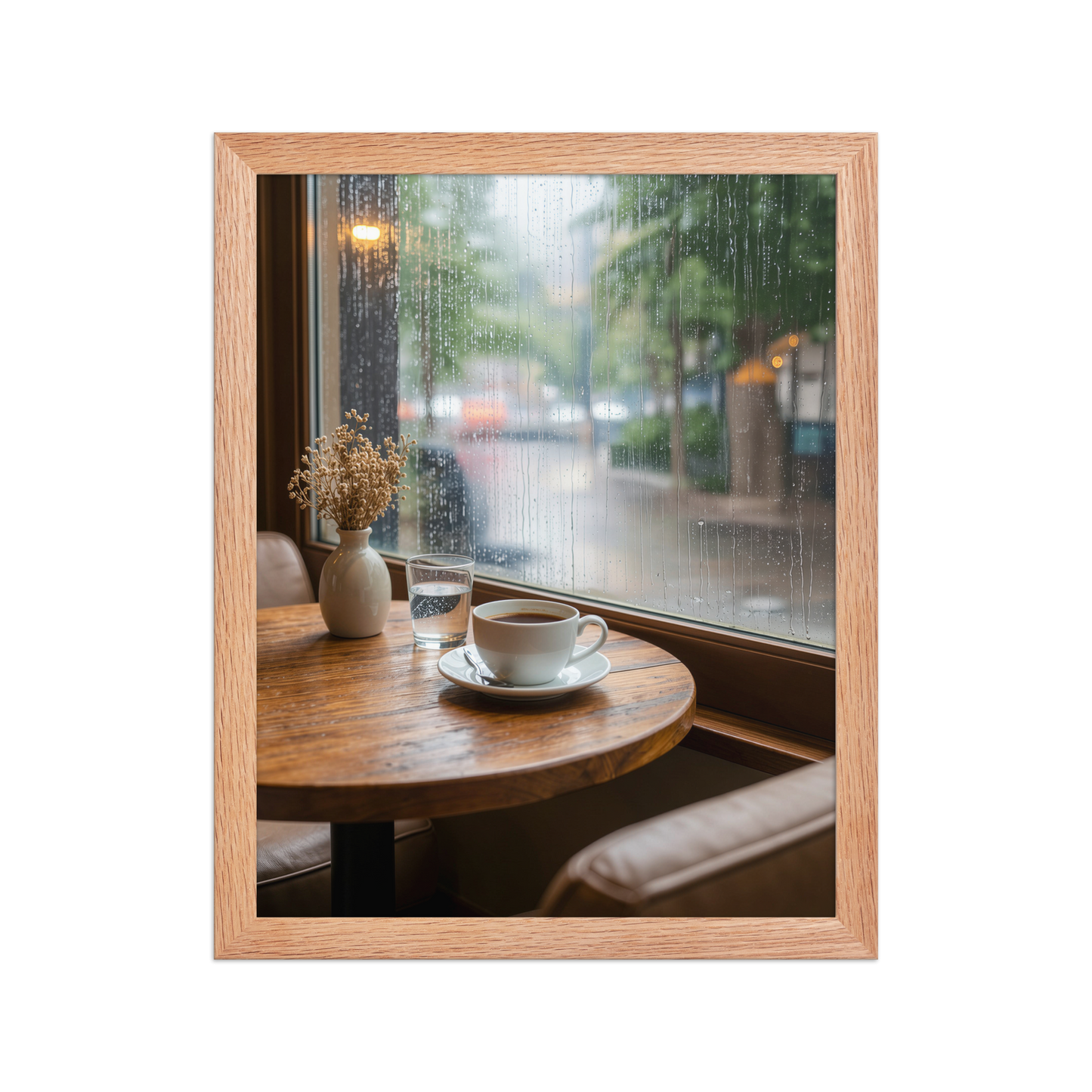 Framed rainy day cafe wall art, coffee cup by rain window calm aesthetic poster, black frame, JMTR Jeometry Store