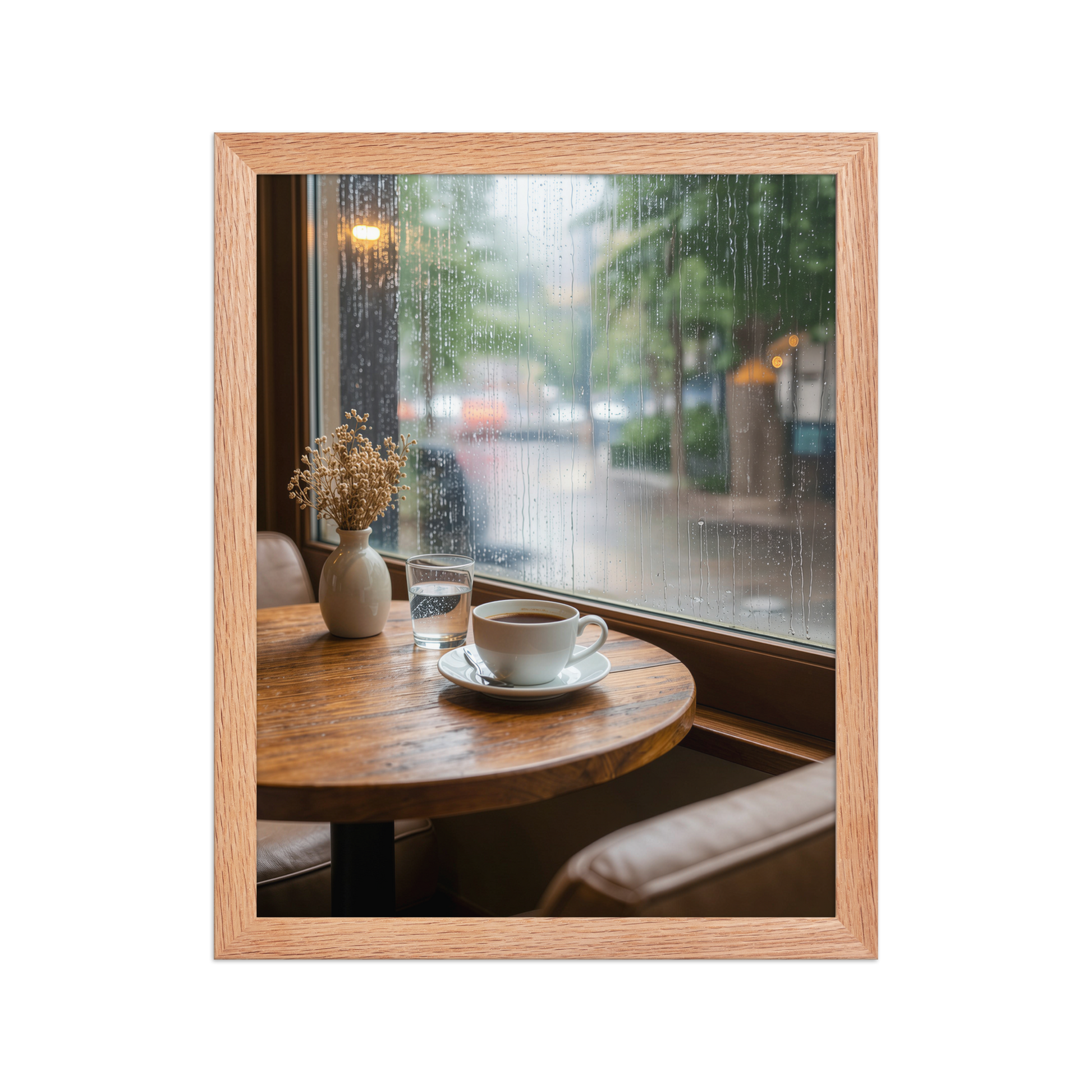 Framed rainy day cafe wall art, coffee cup by rain window calm aesthetic poster, black frame, JMTR Jeometry Store