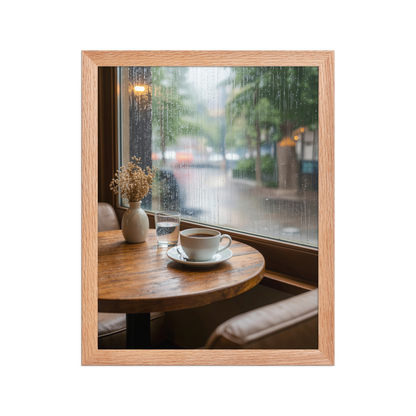 Framed rainy day cafe wall art, coffee cup by rain window calm aesthetic poster, black frame, JMTR Jeometry Store