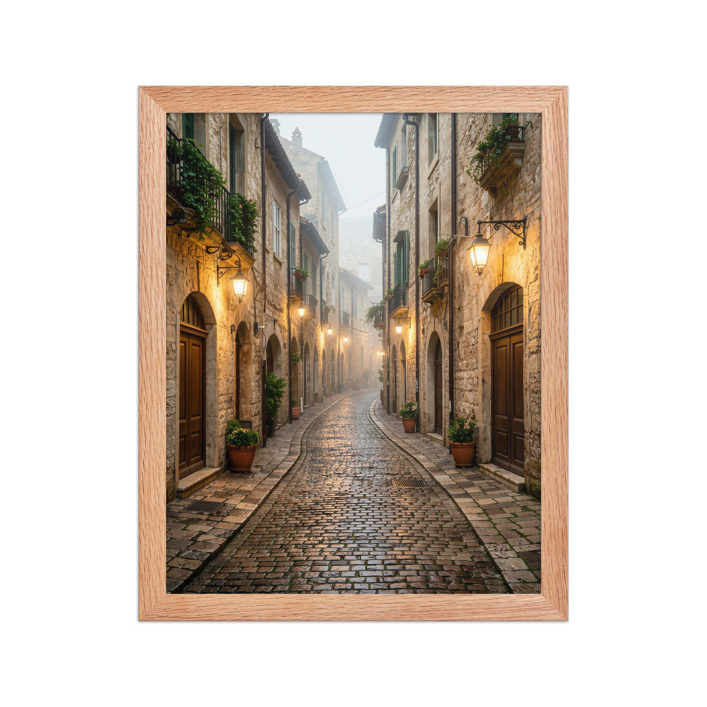 Framed Italian village cobblestone street wall art, warm lanterns foggy alley calm aesthetic poster, black frame, JMTR Jeometry Store