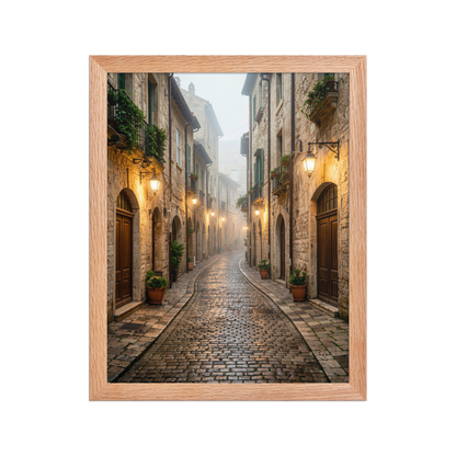 Framed Italian village cobblestone street wall art, warm lanterns foggy alley calm aesthetic poster, black frame, JMTR Jeometry Store