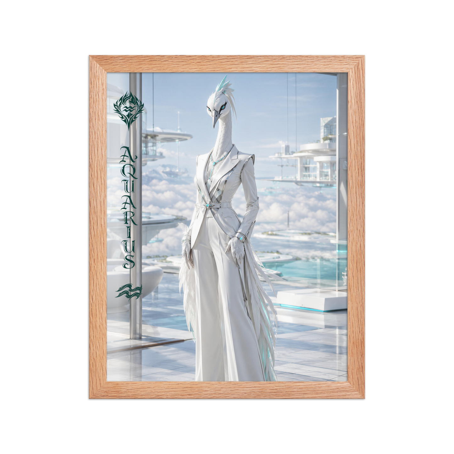 Framed Aquarius woman zodiac poster featuring a white crane standing above the clouds in a futuristic celestial city