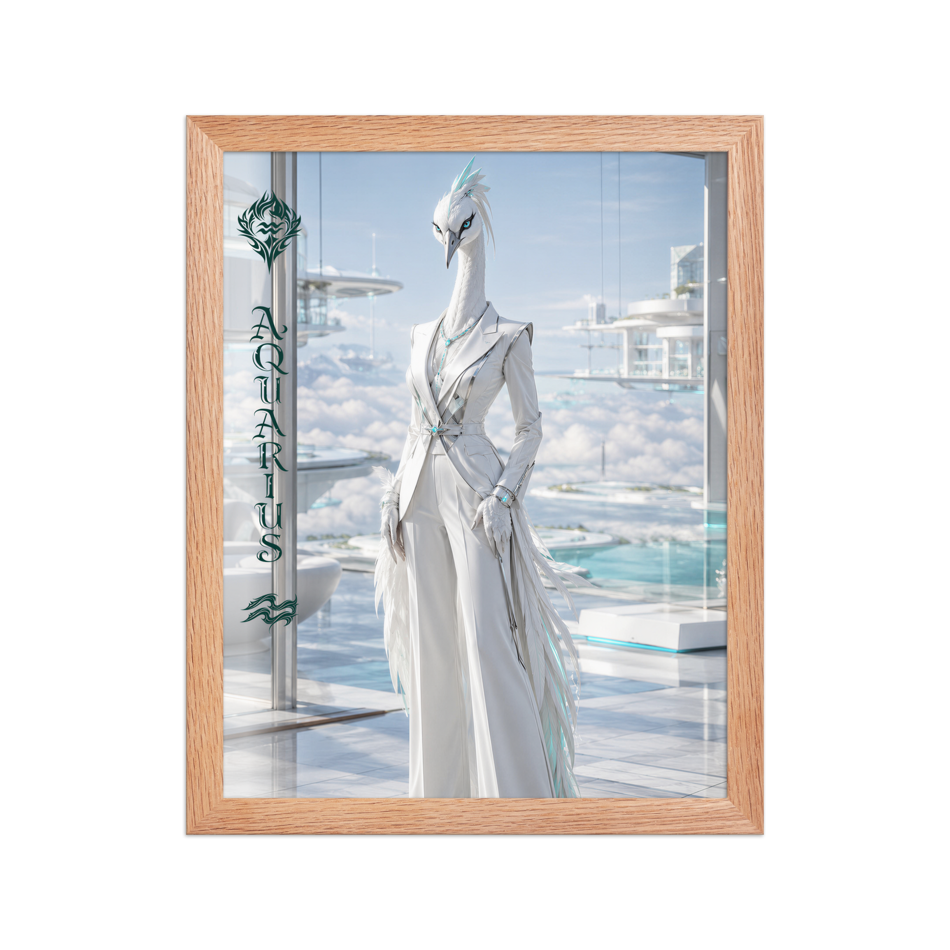 Framed Aquarius woman zodiac poster featuring a white crane standing above the clouds in a futuristic celestial city