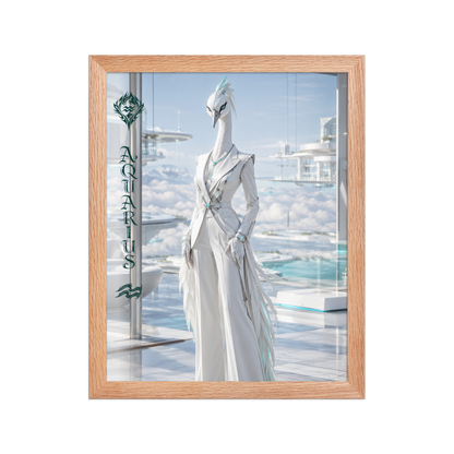 Framed Aquarius woman zodiac poster featuring a white crane standing above the clouds in a futuristic celestial city