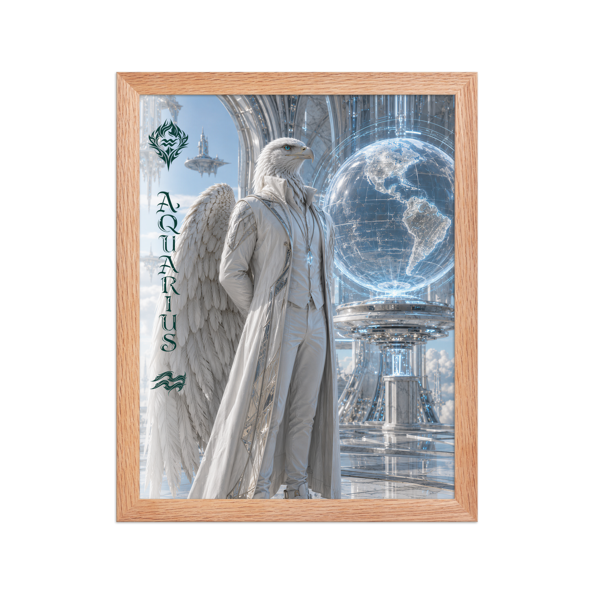 Framed Aquarius man zodiac poster featuring a white eagle standing before a glowing world in a futuristic celestial city