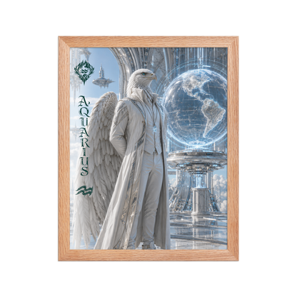 Framed Aquarius man zodiac poster featuring a white eagle standing before a glowing world in a futuristic celestial city