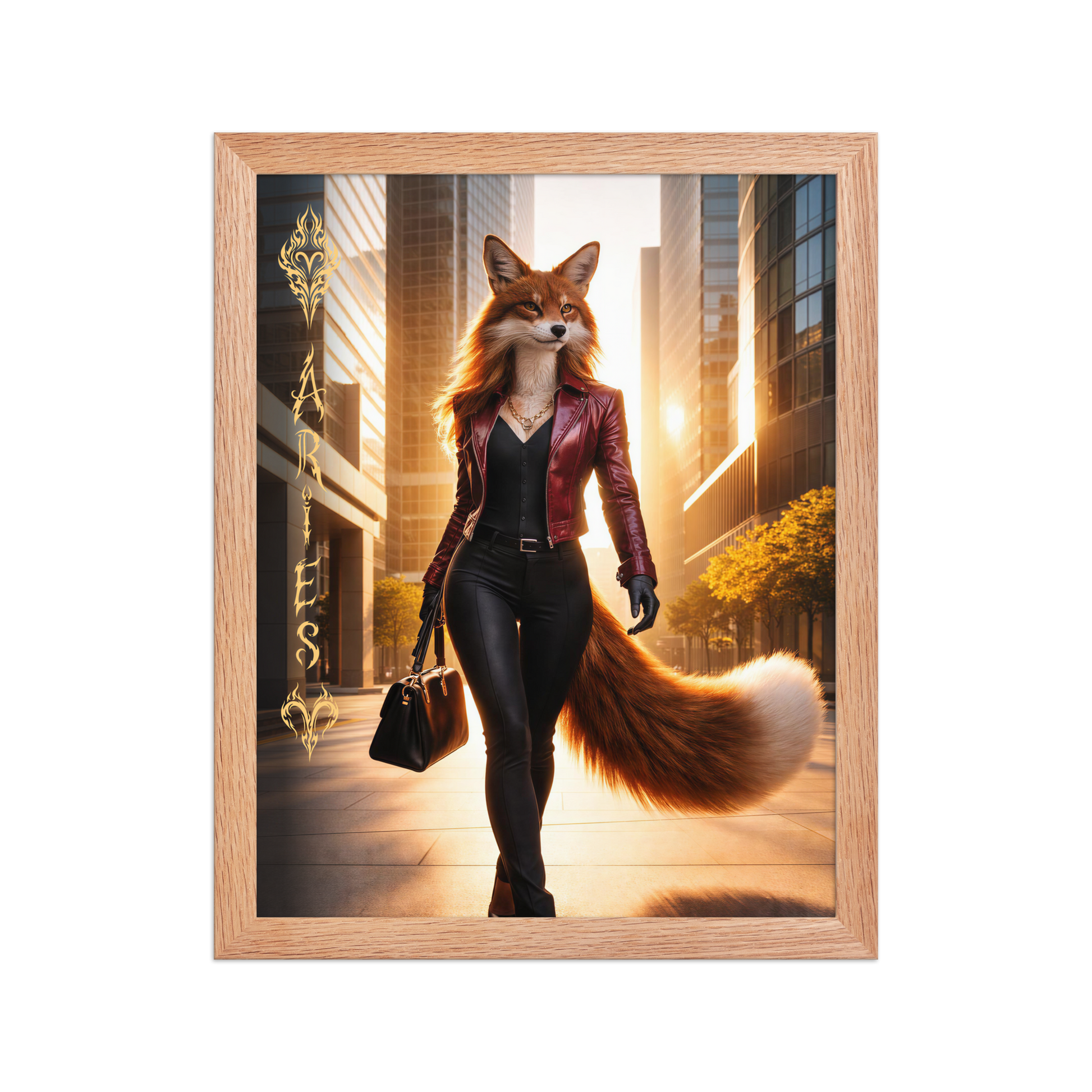 Framed Aries fox woman zodiac poster walking through a modern city at sunset