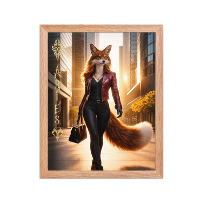 Framed Aries fox woman zodiac poster walking through a modern city at sunset