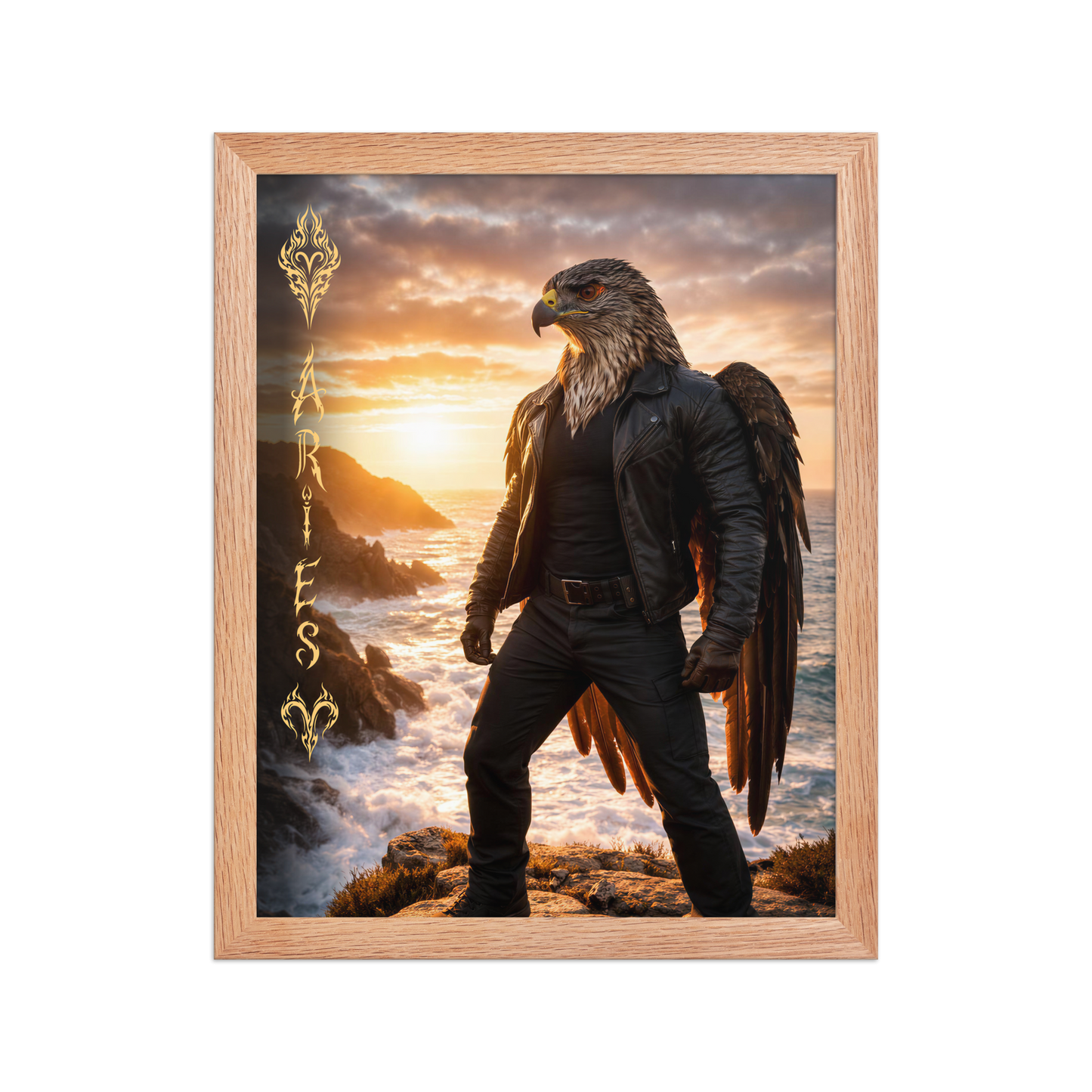 Framed Aries man poster featuring a powerful eagle figure standing above ocean cliffs at sunset, symbolizing strength, courage, and leadership.