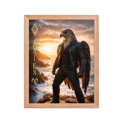 Framed Aries man poster featuring a powerful eagle figure standing above ocean cliffs at sunset, symbolizing strength, courage, and leadership.