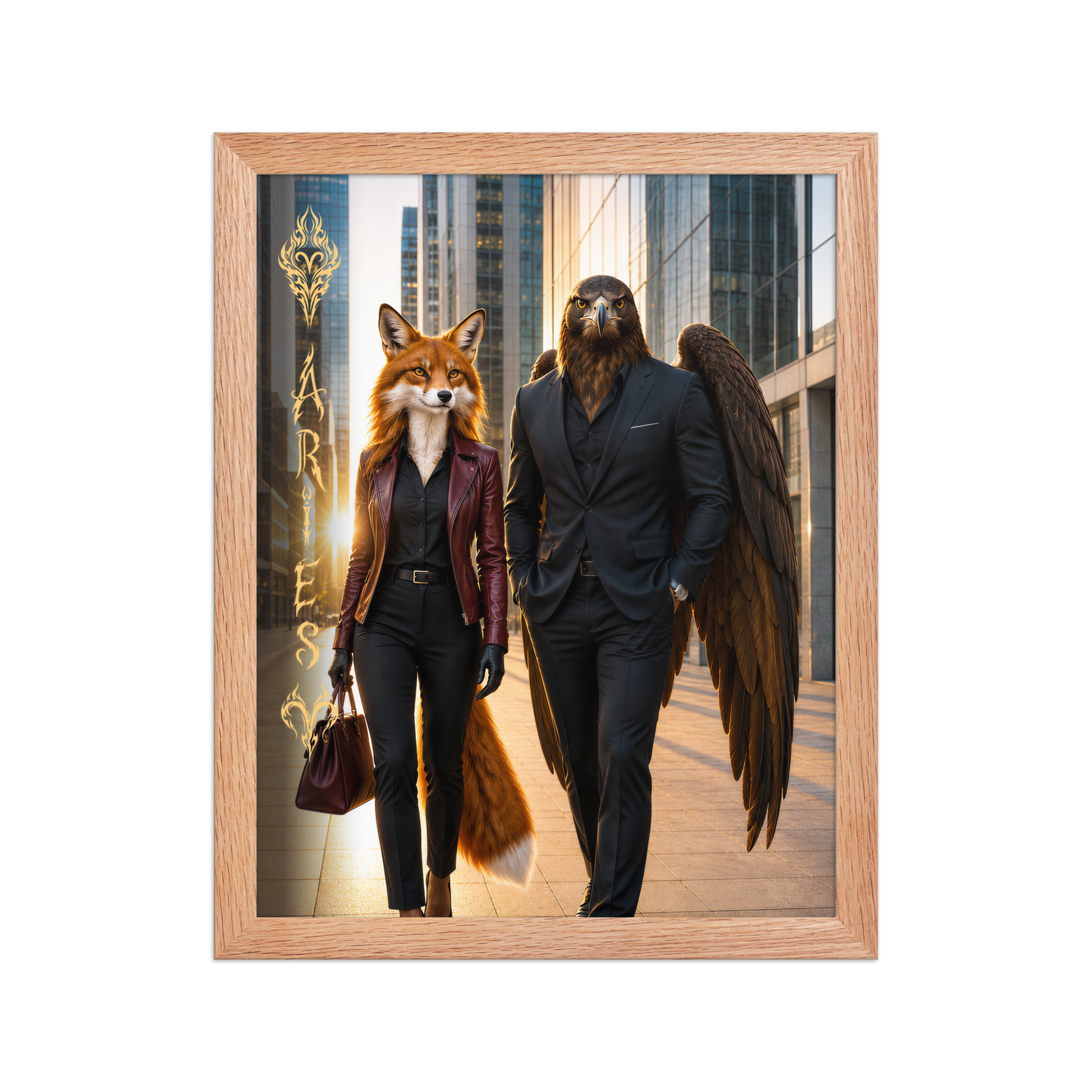 Framed Aries power couple poster featuring eagle and fox archetypes walking through a modern city, symbolizing strength, ambition, and partnership.